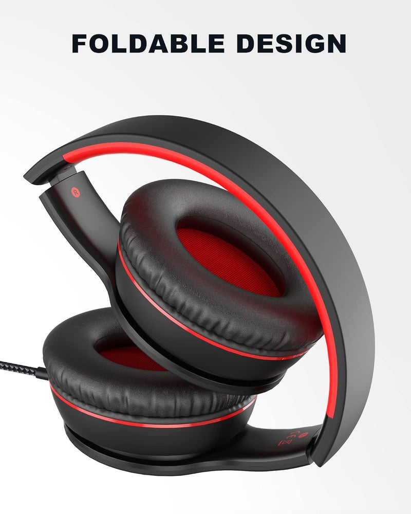 ELECDER i45 Headphones Wired, On-Ear Kids Headphones with 1.5M No-Tangle Cord, Foldable Portable Stereo 3.5mm Headset for School Kids Teens, Smartphones Tablet Computer Laptop, Airplane Travel, Red - Image 4